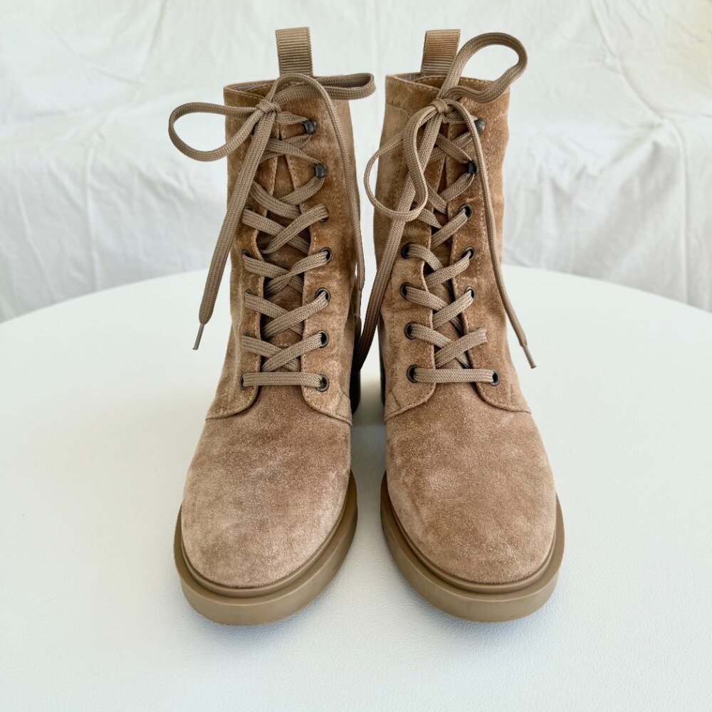 Gianvito Rossi Foster Lace-Up Combat Boots in Camel Suede - Picture 6 of 16